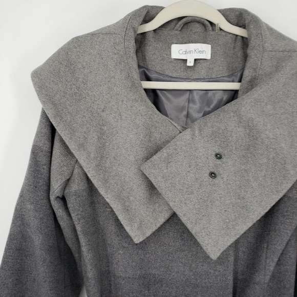 Calvin Klein Wool Blend Wrap Coat 8 Belted Long Sleeve Ombre Pattern Gray Black - Picture 9 of 11